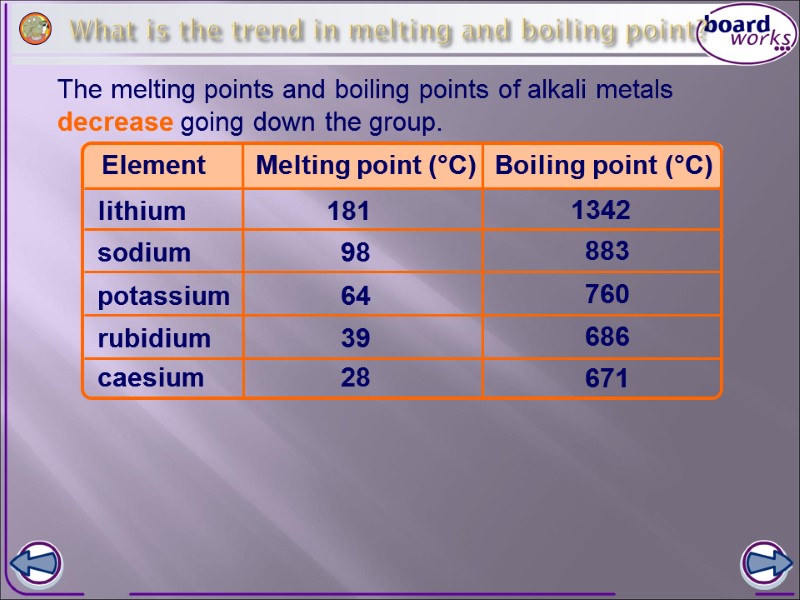 What is the trend in melting and boiling point? The melting points and boiling